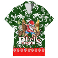 Green tropical Hawaiian shirt with white leaf pattern, Santa gnome artwork, red hem