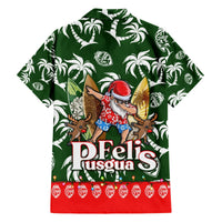 Green tropical button-up Hawaiian shirt with Santa gnome print, white leaves, red bottom