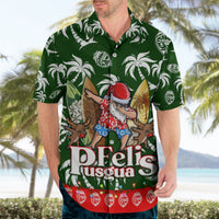 Green tropical Hawaiian shirt on model: Santa gnome graphic, white leaves, red hem