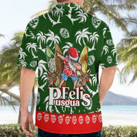 Green tropical Hawaiian shirt on model, back-to-waist view with Santa gnome and white leaves