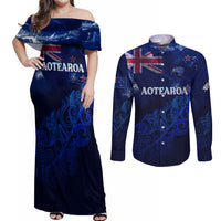 Personalised New Zealand Couples Matching Off Shoulder Maxi Dress and Long Sleeve Button Shirts Aotearoa Map Silver Fern - Wonder Print Shop