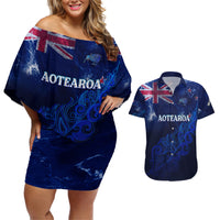 Personalised New Zealand Couples Matching Off Shoulder Short Dress and Hawaiian Shirt Aotearoa Map Silver Fern - Wonder Print Shop