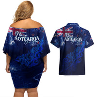 Personalised New Zealand Couples Matching Off Shoulder Short Dress and Hawaiian Shirt Aotearoa Map Silver Fern - Wonder Print Shop