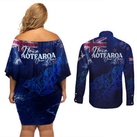 Personalised New Zealand Couples Matching Off Shoulder Short Dress and Long Sleeve Button Shirts Aotearoa Map Silver Fern - Wonder Print Shop