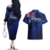 Personalised New Zealand Couples Matching Off The Shoulder Long Sleeve Dress and Hawaiian Shirt Aotearoa Map Silver Fern - Wonder Print Shop