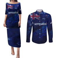 Personalised New Zealand Couples Matching Puletasi Dress and Long Sleeve Button Shirts Aotearoa Map Silver Fern - Wonder Print Shop