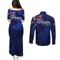 Personalised New Zealand Couples Matching Puletasi Dress and Long Sleeve Button Shirts Aotearoa Map Silver Fern - Wonder Print Shop