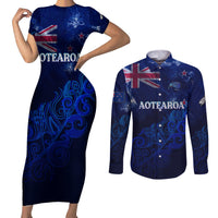 Personalised New Zealand Couples Matching Short Sleeve Bodycon Dress and Long Sleeve Button Shirts Aotearoa Map Silver Fern - Wonder Print Shop