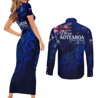 Personalised New Zealand Couples Matching Short Sleeve Bodycon Dress and Long Sleeve Button Shirts Aotearoa Map Silver Fern - Wonder Print Shop