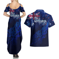 Personalised New Zealand Couples Matching Summer Maxi Dress and Hawaiian Shirt Aotearoa Map Silver Fern - Wonder Print Shop