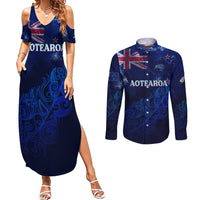 Personalised New Zealand Couples Matching Summer Maxi Dress and Long Sleeve Button Shirts Aotearoa Map Silver Fern - Wonder Print Shop