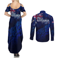 Personalised New Zealand Couples Matching Summer Maxi Dress and Long Sleeve Button Shirts Aotearoa Map Silver Fern - Wonder Print Shop
