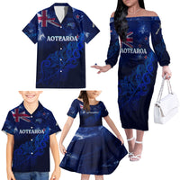 Personalised New Zealand Family Matching Off Shoulder Long Sleeve Dress and Hawaiian Shirt Aotearoa Map Silver Fern - Wonder Print Shop