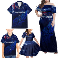 Personalised New Zealand Family Matching Off Shoulder Maxi Dress and Hawaiian Shirt Aotearoa Map Silver Fern - Wonder Print Shop