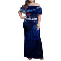 Personalised New Zealand Family Matching Off Shoulder Maxi Dress and Hawaiian Shirt Aotearoa Map Silver Fern - Wonder Print Shop