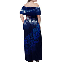 Personalised New Zealand Family Matching Off Shoulder Maxi Dress and Hawaiian Shirt Aotearoa Map Silver Fern - Wonder Print Shop