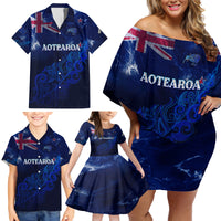 Personalised New Zealand Family Matching Off Shoulder Short Dress and Hawaiian Shirt Aotearoa Map Silver Fern - Wonder Print Shop