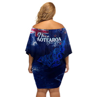 Personalised New Zealand Family Matching Off Shoulder Short Dress and Hawaiian Shirt Aotearoa Map Silver Fern - Wonder Print Shop