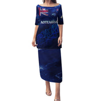 Personalised New Zealand Family Matching Puletasi Dress and Hawaiian Shirt Aotearoa Map Silver Fern - Wonder Print Shop