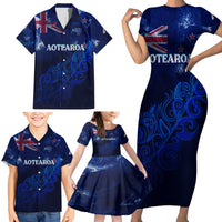 Personalised New Zealand Family Matching Short Sleeve Bodycon Dress and Hawaiian Shirt Aotearoa Map Silver Fern - Wonder Print Shop