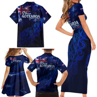 Personalised New Zealand Family Matching Short Sleeve Bodycon Dress and Hawaiian Shirt Aotearoa Map Silver Fern - Wonder Print Shop