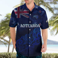 Blue Hawaiian shirt with Aotearoa front print, silver fern emblem, short sleeves