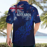Blue Hawaiian shirt back with Love Aotearoa Your Name text and star accents