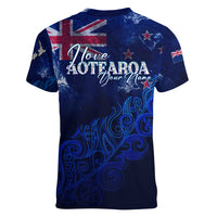Personalised New Zealand Women V Neck T Shirt Aotearoa Map Silver Fern - Wonder Print Shop