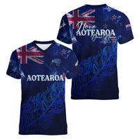 Personalised New Zealand Women V Neck T Shirt Aotearoa Map Silver Fern - Wonder Print Shop