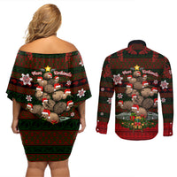 Meri Kirihimete New Zealand Couples Matching Off Shoulder Short Dress and Long Sleeve Button Shirts Christmas Kiwi Maori - Wonder Print Shop