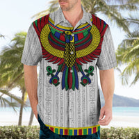 White Hawaiian shirt with Horus eagle motif and rainbow-striped hem