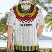 White Hawaiian shirt back with Horus wing print, 'YOUR NAME', rainbow striped hem