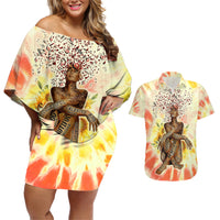 Black Queen Tie Dye Couples Matching Off Shoulder Short Dress and Hawaiian Shirt - Wonder Print Shop