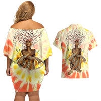 Black Queen Tie Dye Couples Matching Off Shoulder Short Dress and Hawaiian Shirt - Wonder Print Shop