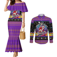 nakatomi-plaza-christmas-party-1988-couples-matching-mermaid-dress-and-long-sleeve-button-shirts-dj-satan-claus
