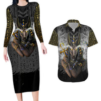 Anubis Couples Matching Long Sleeve Bodycon Dress and Hawaiian Shirt Egypt Pattern Black - Wonder Print Shop