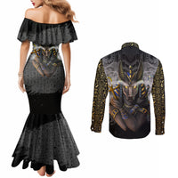 Anubis Couples Matching Mermaid Dress and Long Sleeve Button Shirt Egypt Pattern Black
