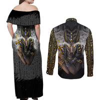 Anubis Couples Matching Off Shoulder Maxi Dress and Long Sleeve Button Shirt Egypt Pattern Black - Wonder Print Shop