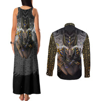 Anubis Couples Matching Tank Maxi Dress and Long Sleeve Button Shirt Egypt Pattern Black - Wonder Print Shop