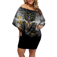 Anubis Family Matching Off Shoulder Short Dress and Hawaiian Shirt Egypt Pattern Black - Wonder Print Shop