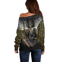 Anubis Off Shoulder Sweater Egypt Pattern Black - Wonder Print Shop
