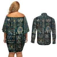 Egyptian Hieroglyphs And Deities Couples Matching Off Shoulder Short Dress and Long Sleeve Button Shirt - Wonder Print Shop