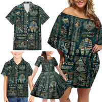 Egyptian Hieroglyphs And Deities Family Matching Off Shoulder Short Dress and Hawaiian Shirt - Wonder Print Shop