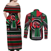 Power Fist And Patterns In Pan African Couples Matching Off Shoulder Maxi Dress and Long Sleeve Button Shirt - Wonder Print Shop