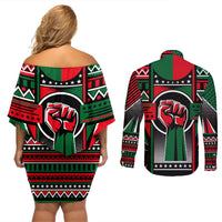 Power Fist And Patterns In Pan African Couples Matching Off Shoulder Short Dress and Long Sleeve Button Shirt - Wonder Print Shop