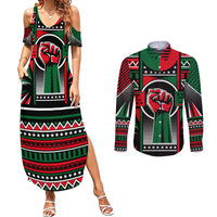 Power Fist And Patterns In Pan African Couples Matching Summer Maxi Dress and Long Sleeve Button Shirt - Wonder Print Shop