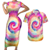 We Are All Human LGBT Couples Matching Short Sleeve Bodycon Dress and Hawaiian Shirt Skull Tie Dye - Wonder Print Shop