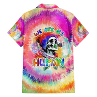 Rainbow tie-dye Hawaiian shirt back with 'WE ARE ALL HUMAN' skull artwork