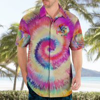 Rainbow tie-dye Hawaiian shirt on model, short sleeves, button-front, skull chest emblem