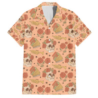 Orange short-sleeve button-up Hawaiian shirt with sugar skull, flower, and guitar print